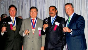 2015 First Coast Business Hall of Fame inductees, from left, Brooks Rehabilitation Chief Executive Doug Baer, FIS Executive Chairman Frank Martire, Jacksonville Jaguars owner Shad Khan and JU President Tim Cost.