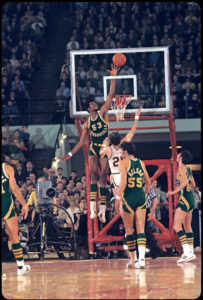 19 MAR 1970: Jacksonville's Artis Gilmore (53), Greg Nelson (55) and St. Bonaventure guard Paul Hoffman (20) during the NCAA Men's National Basketball Final Four semifinal game held in College Park, MD, at the Cole Fieldhouse. Jacksonville defeated St. Bonaventure 91-83 to meet UCLA in the championship game. Photo: © Rich Clarkson/NCAA Photos