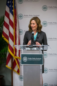 Amy Barrett speaking at the Hesburgh Lecture in 2017.