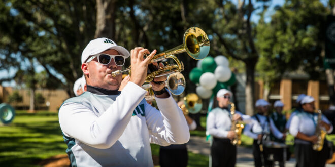 The JU Marching Band performs at Homecoming in 2018.