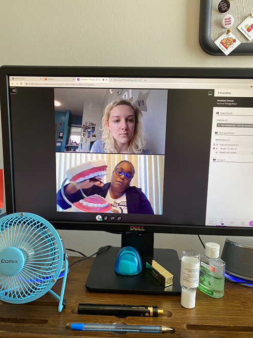 Computer screen with a speech-language pathology telehealth session