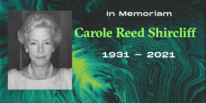 Headshot of Carol Shircliff in "In Memoriam" background