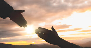 Silhouette of two hands reaching across a sunset